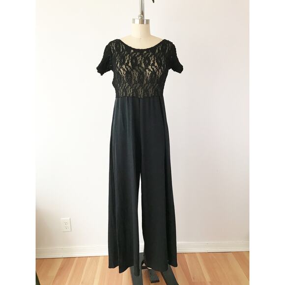 SIZE M/L 90s Black Lace Jumpsuit , Sheer Top Wide Leg Jumpsuit, Sexy Lounge - Picture 2 of 8